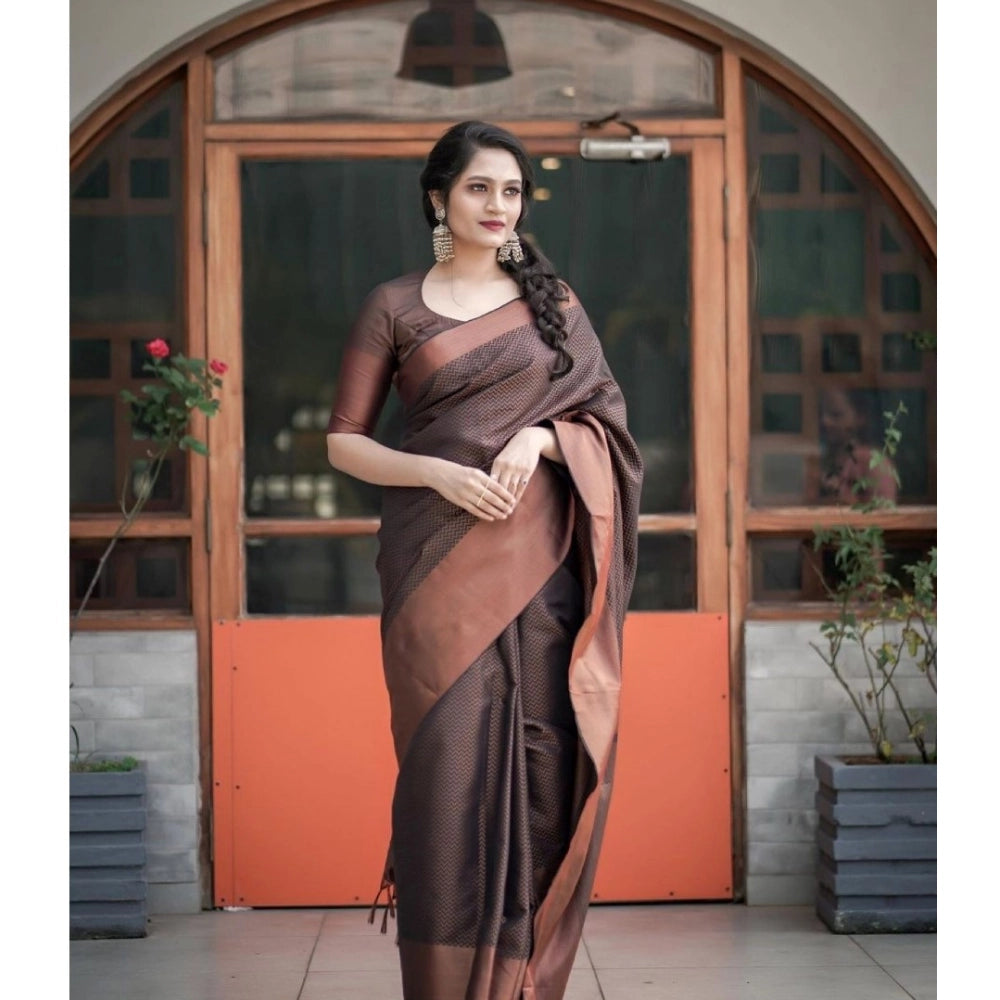 Vaystra Soft Lichi Silk Printed Saree With Unstitched Blouse 5.5Mtr – Brown