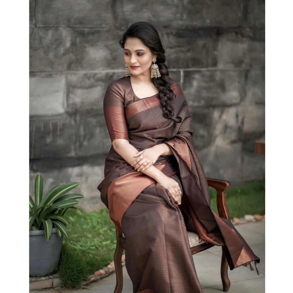 Vaystra Soft Lichi Silk Printed Saree With Unstitched Blouse 5.5Mtr – Brown