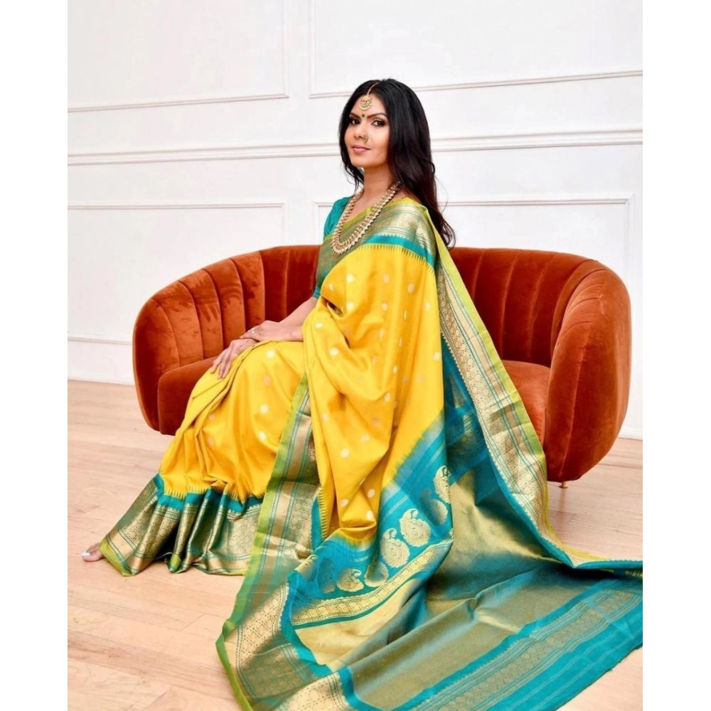 Vaystra Soft Lichi Silk Printed Saree With Unstitched Blouse 5.5Mtr – Yellow