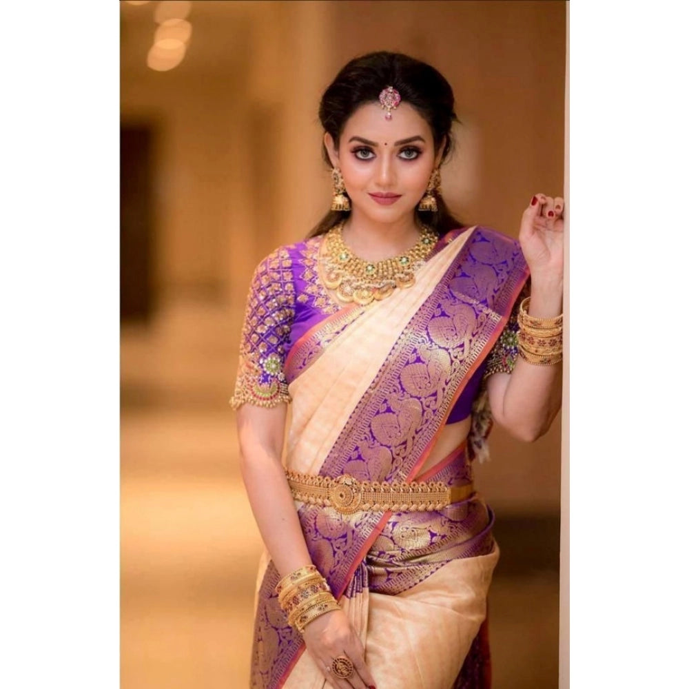 Vaystra Soft Lichi Silk Printed Saree With Unstitched Blouse 5.5Mtr – Purple