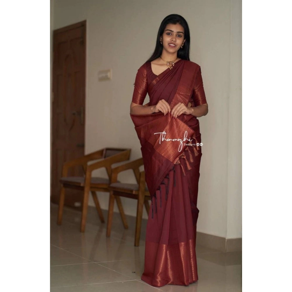 Vaystra Soft Lichi Silk Solid Saree With Unstitched Blouse 5.5Mtr – Maroon