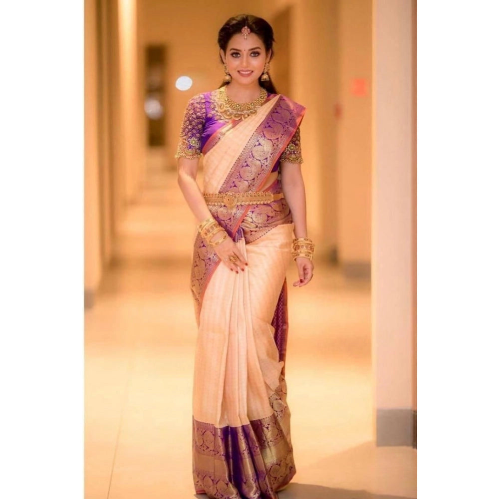 Vaystra Soft Lichi Silk Printed Saree With Unstitched Blouse 5.5Mtr – Purple