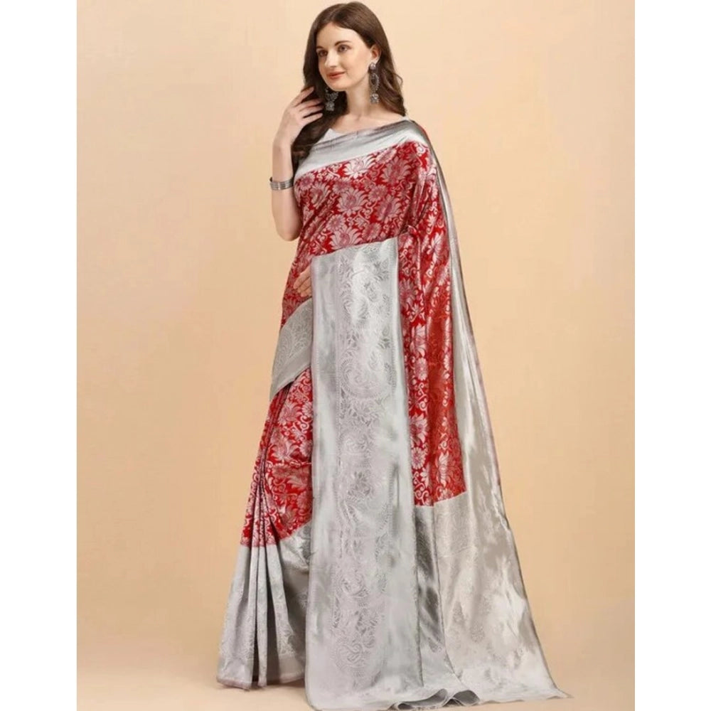 Vaystra Soft Lichi Silk Printed Saree With Unstitched Blouse 5.5Mtr – Red
