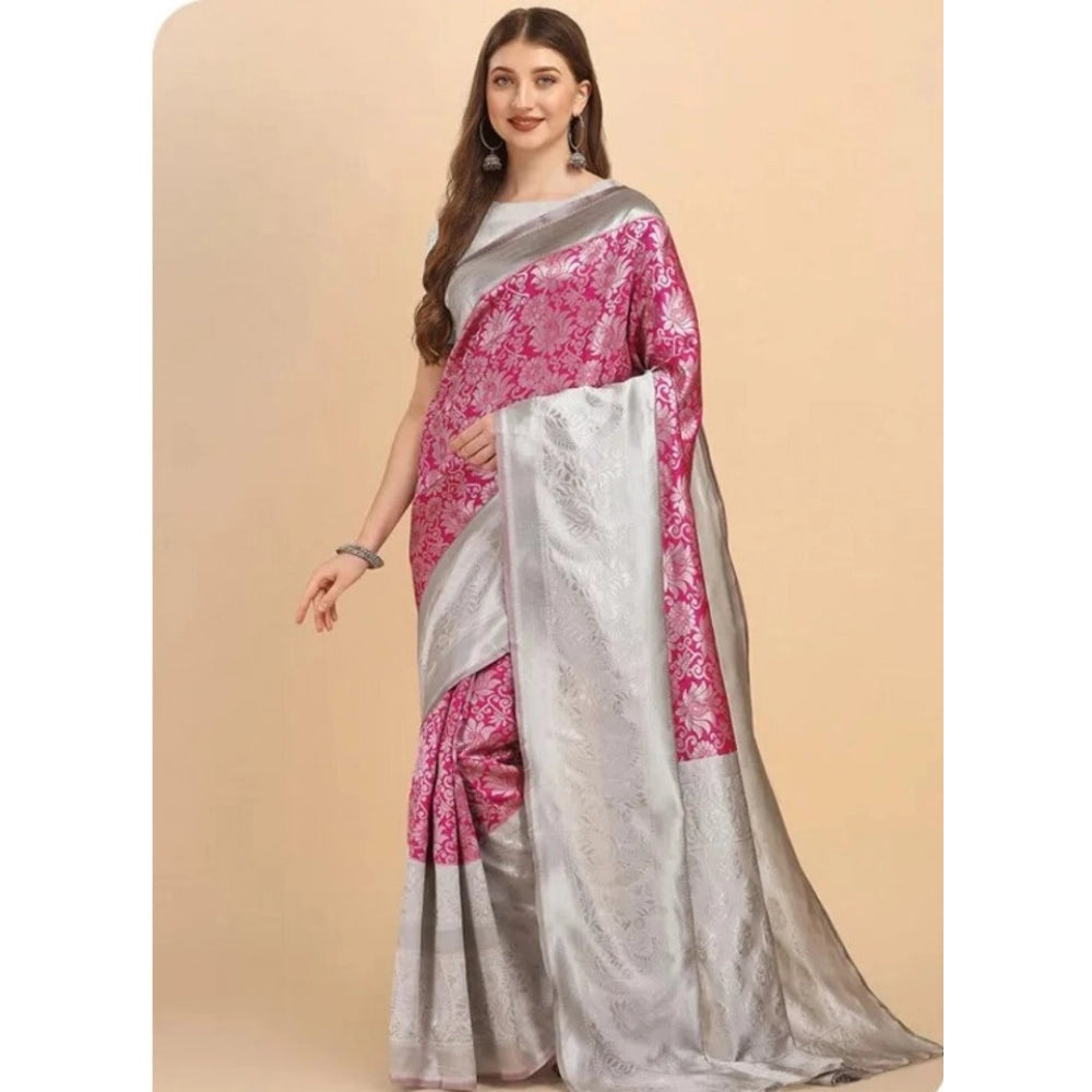 Vaystra Soft Lichi Silk Printed Saree With Unstitched Blouse 5.5Mtr – Pink