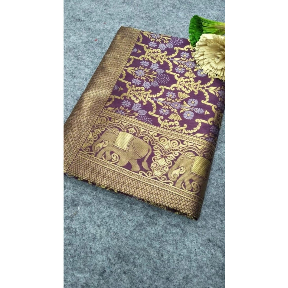 Vaystra Soft Lichi Silk Printed Saree With Unstitched Blouse 5.5Mtr – Purple