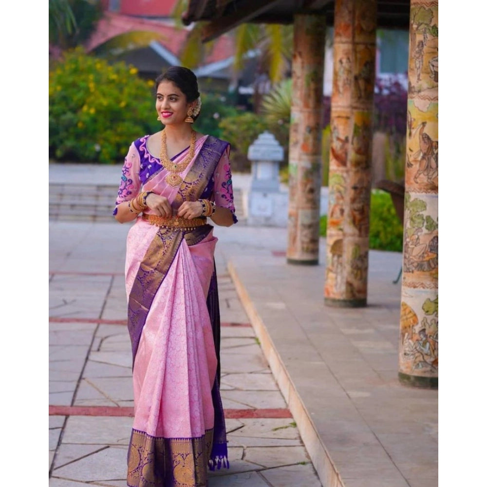 Vaystra Soft Lichi Silk Printed Saree With Unstitched Blouse 5.5Mtr – Purple
