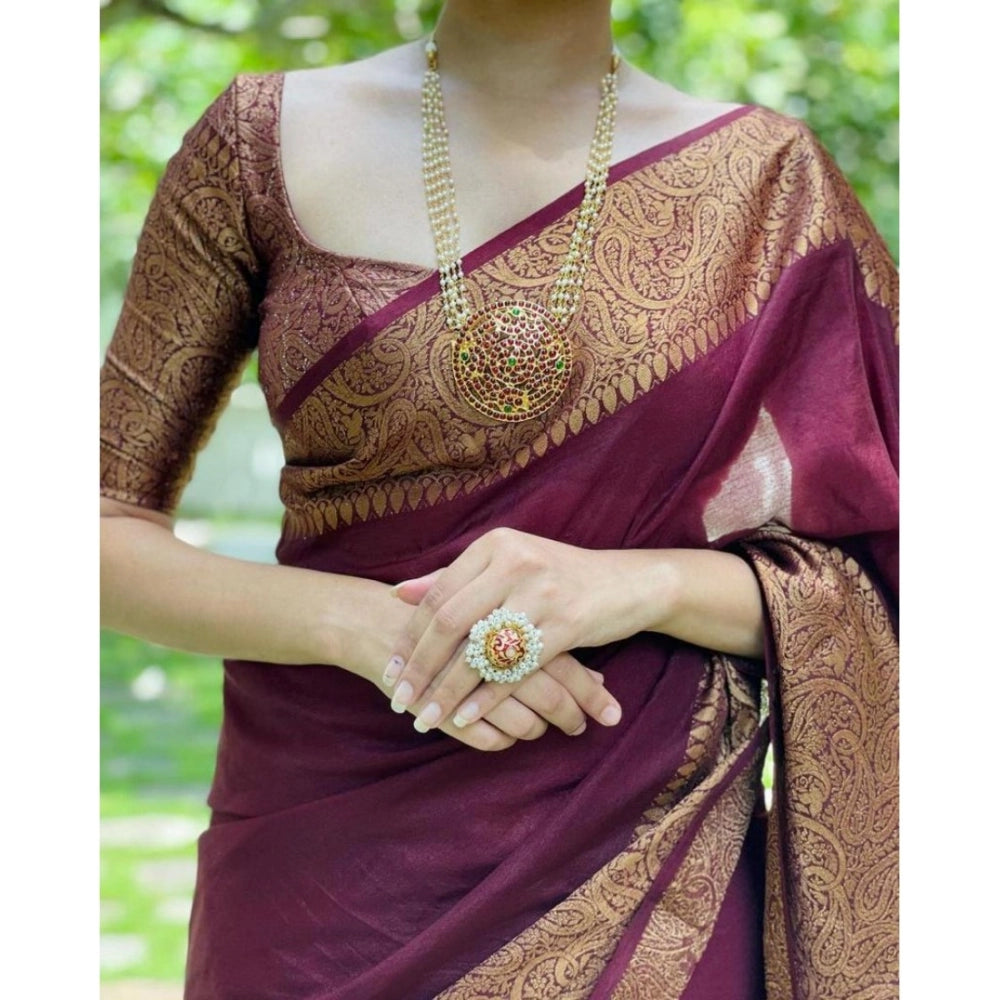 Vaystra Soft Lichi Silk Solid Saree With Unstitched Blouse 5.5Mtr – Maroon