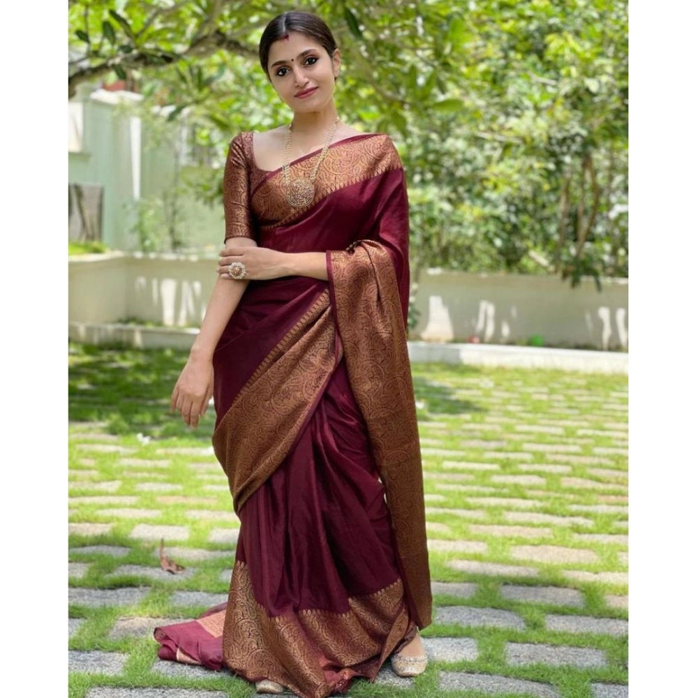 Vaystra Soft Lichi Silk Solid Saree With Unstitched Blouse 5.5Mtr – Maroon