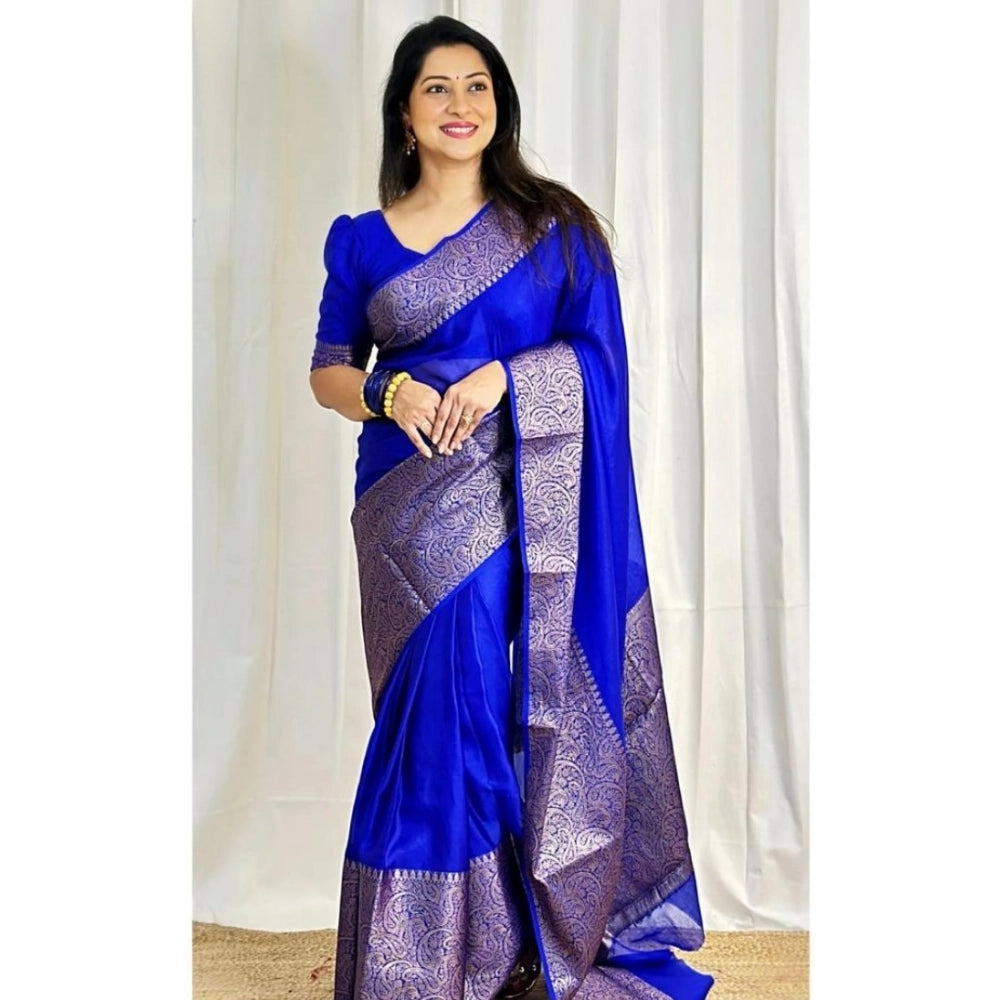 Vaystra Soft Lichi Silk Solid Saree With Unstitched Blouse 5.5Mtr – Blue