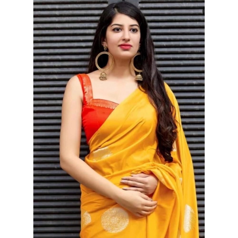 Vaystra Soft Lichi Silk Printed Saree With Unstitched Blouse 5.5Mtr – Yellow