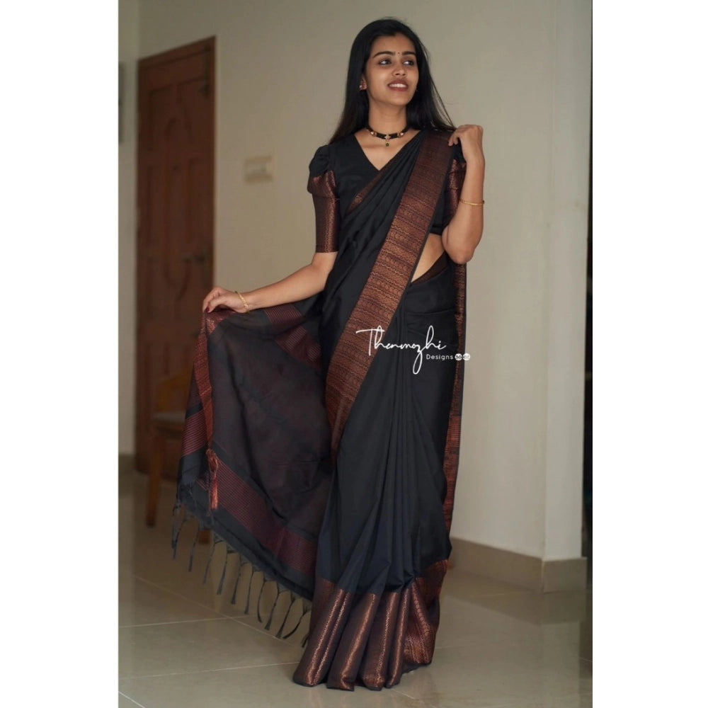 Vaystra Soft Lichi Silk Solid Saree With Unstitched Blouse 5.5Mtr – Black