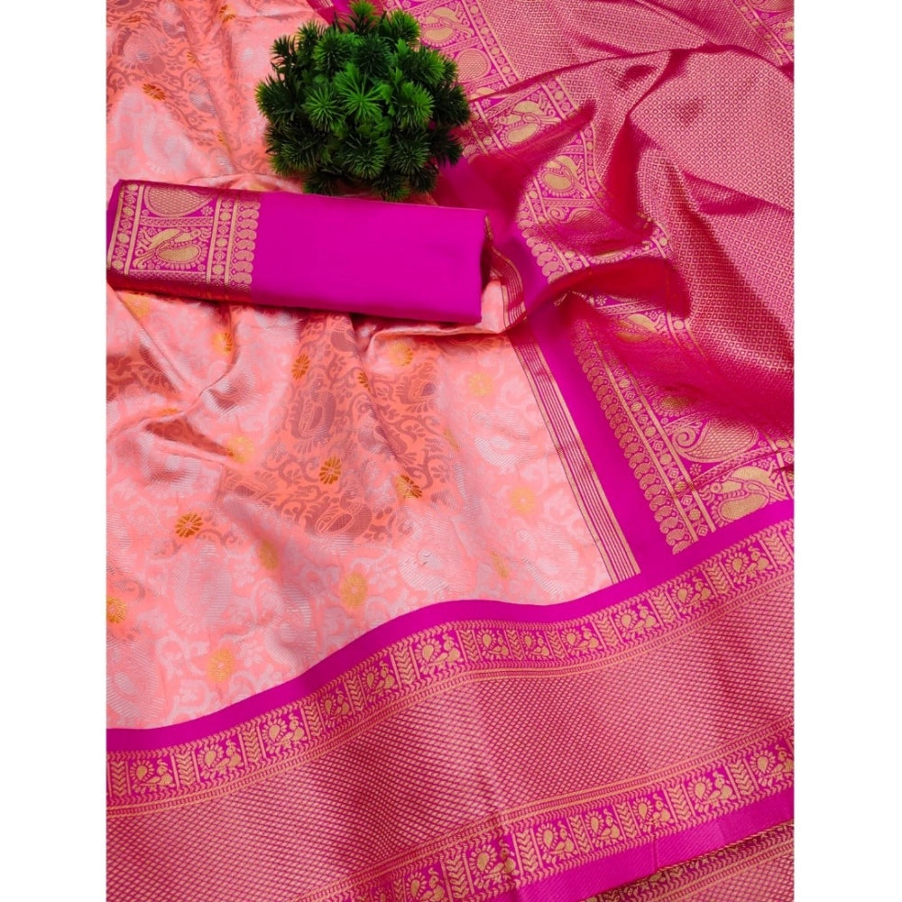 Vaystra Soft Lichi Silk Printed Saree With Unstitched Blouse 5.5Mtr – Pink