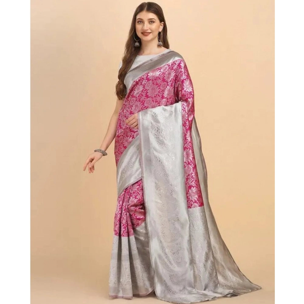 Vaystra Soft Lichi Silk Printed Saree With Unstitched Blouse 5.5Mtr – Pink