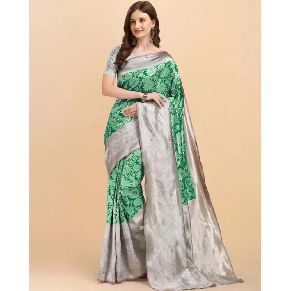 Vaystra Soft Lichi Silk Printed Saree With Unstitched Blouse 5.5Mtr – Green