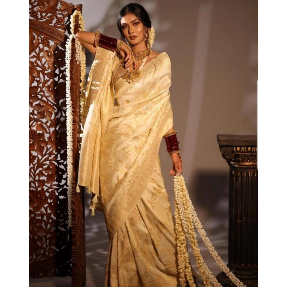 Vaystra Soft Lichi Silk Printed Saree With Unstitched Blouse 5.5Mtr – Golden