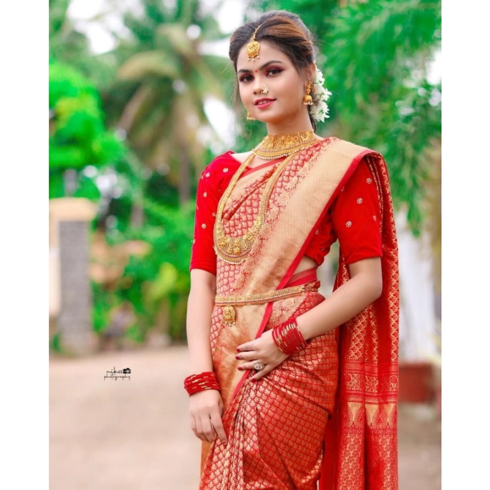 Vaystra Soft Lichi Silk Printed Saree With Unstitched Blouse 5.5Mtr – Red