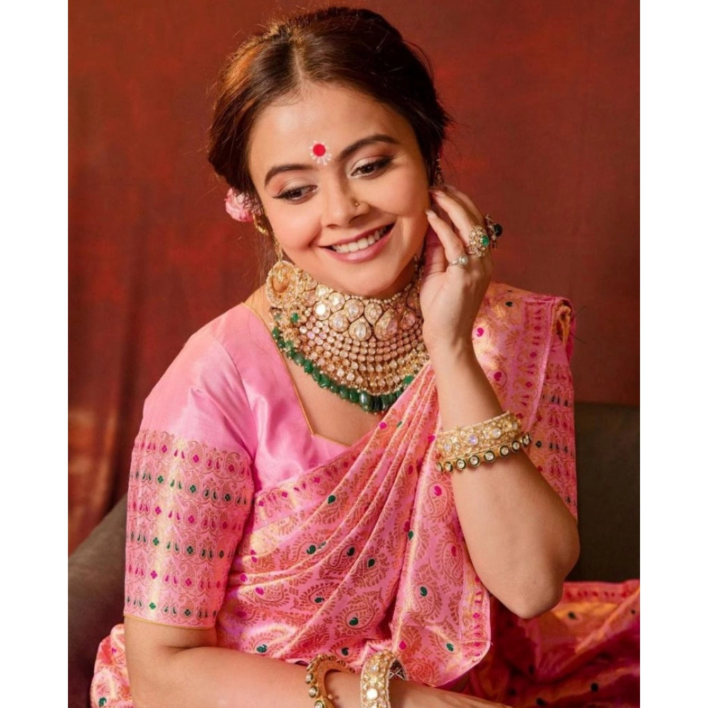 Vaystra Soft Lichi Silk Printed Saree With Unstitched Blouse 5.5Mtr – Pink