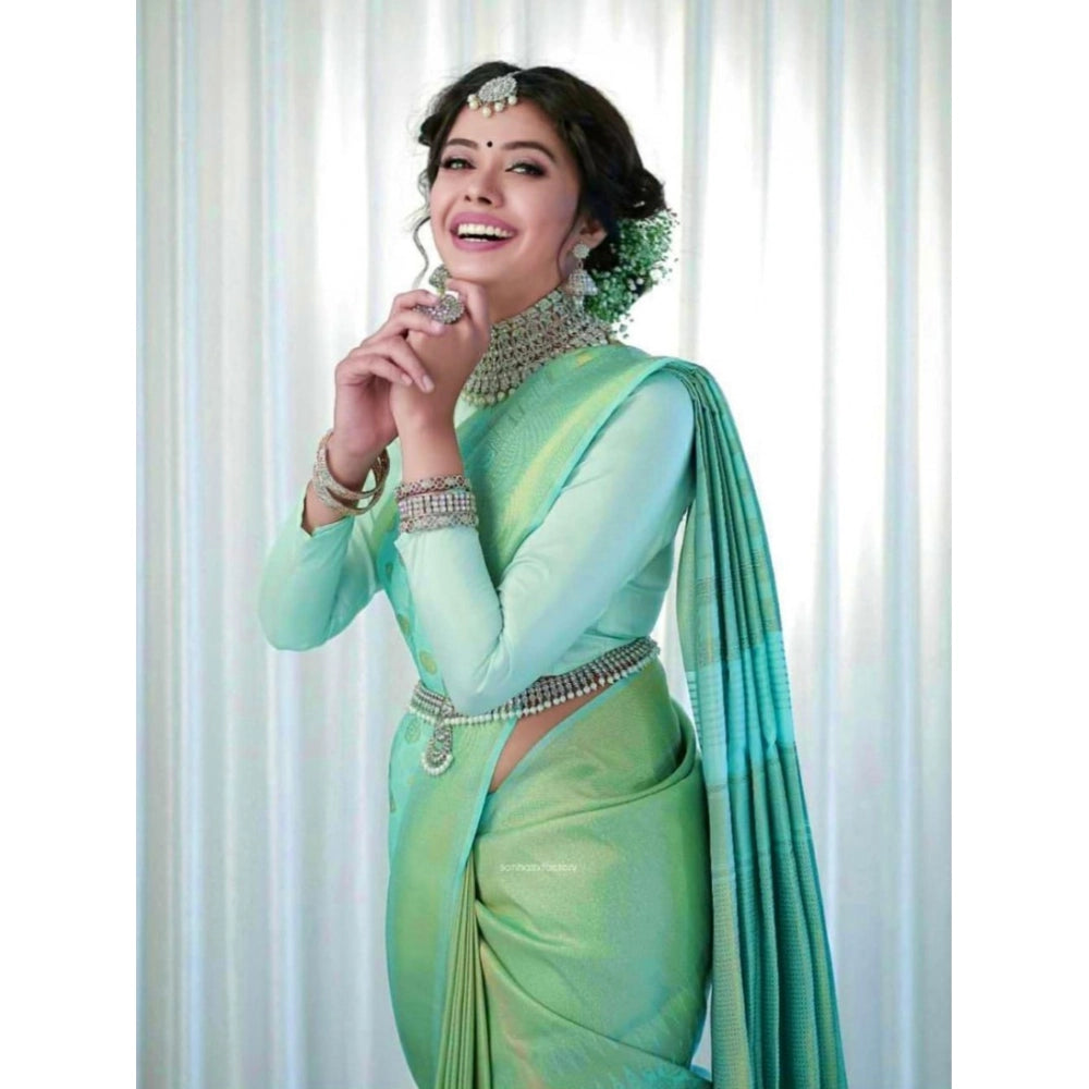 Vaystra Soft Lichi Silk Printed Saree With Unstitched Blouse 5.5Mtr – Light Green