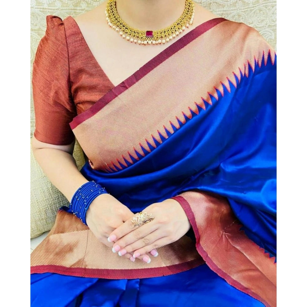 Vaystra Soft Lichi Silk Solid Saree With Unstitched Blouse 5.5Mtr – Blue