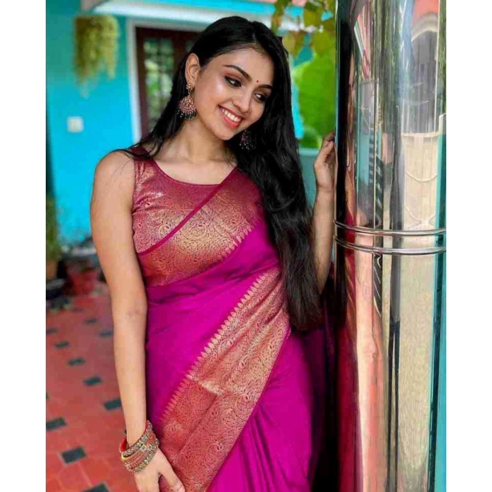 Vaystra Soft Lichi Silk Solid Saree With Unstitched Blouse 5.5Mtr – Pink
