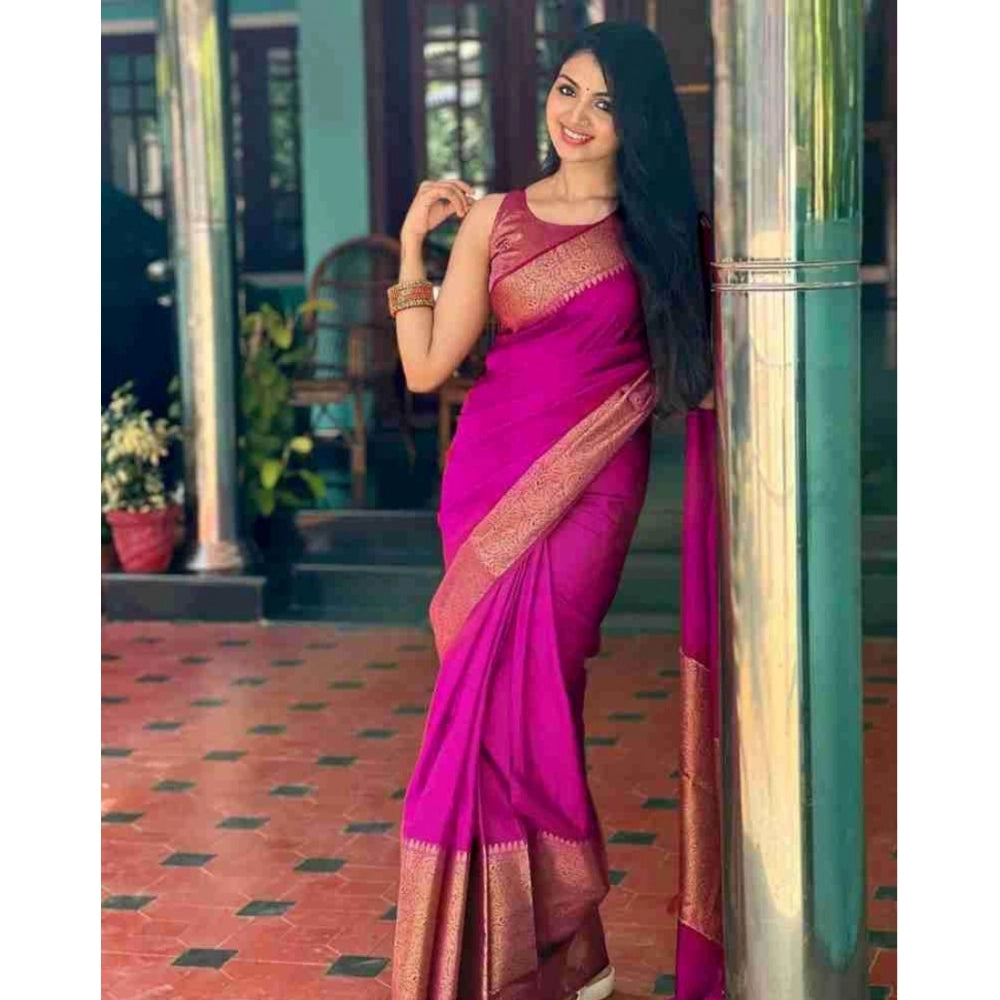 Vaystra Soft Lichi Silk Solid Saree With Unstitched Blouse 5.5Mtr – Pink