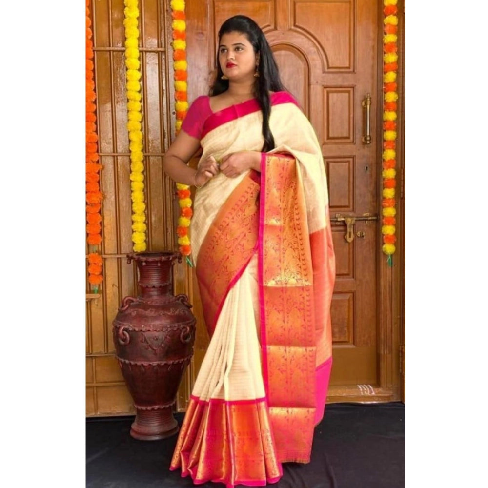 Vaystra Soft Lichi Silk Printed Saree With Unstitched Blouse 5.5Mtr – Cream