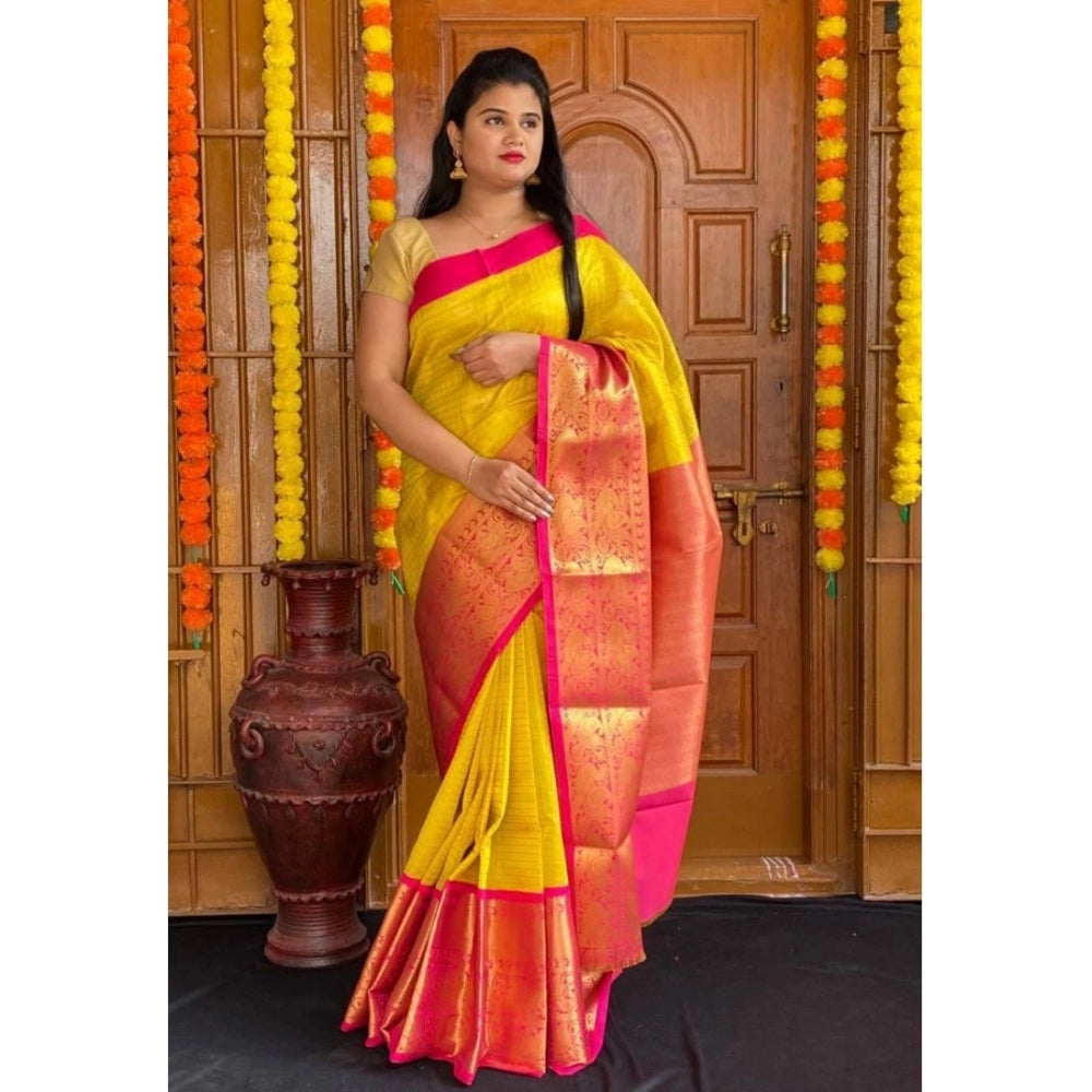 Vaystra Soft Lichi Silk Printed Saree With Unstitched Blouse 5.5Mtr – Yellow
