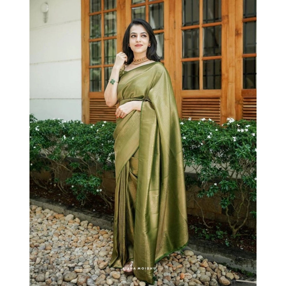Vaystra Soft Lichi Silk Printed Saree With Unstitched Blouse 5.5Mtr – Green