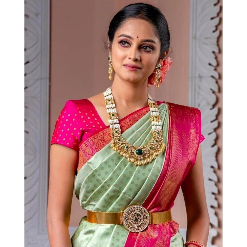Vaystra Soft Lichi Silk Printed Saree With Unstitched Blouse 5.5Mtr – Light Green