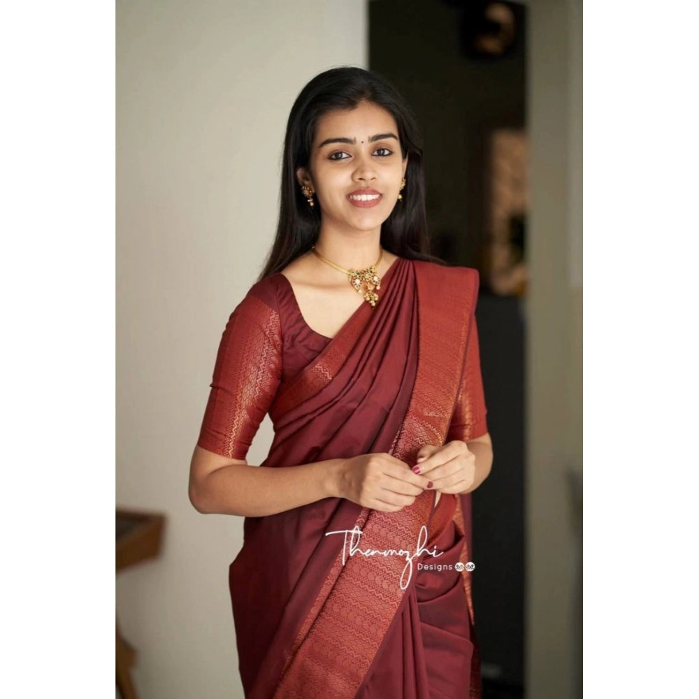 Vaystra Soft Lichi Silk Solid Saree With Unstitched Blouse 5.5Mtr – Maroon