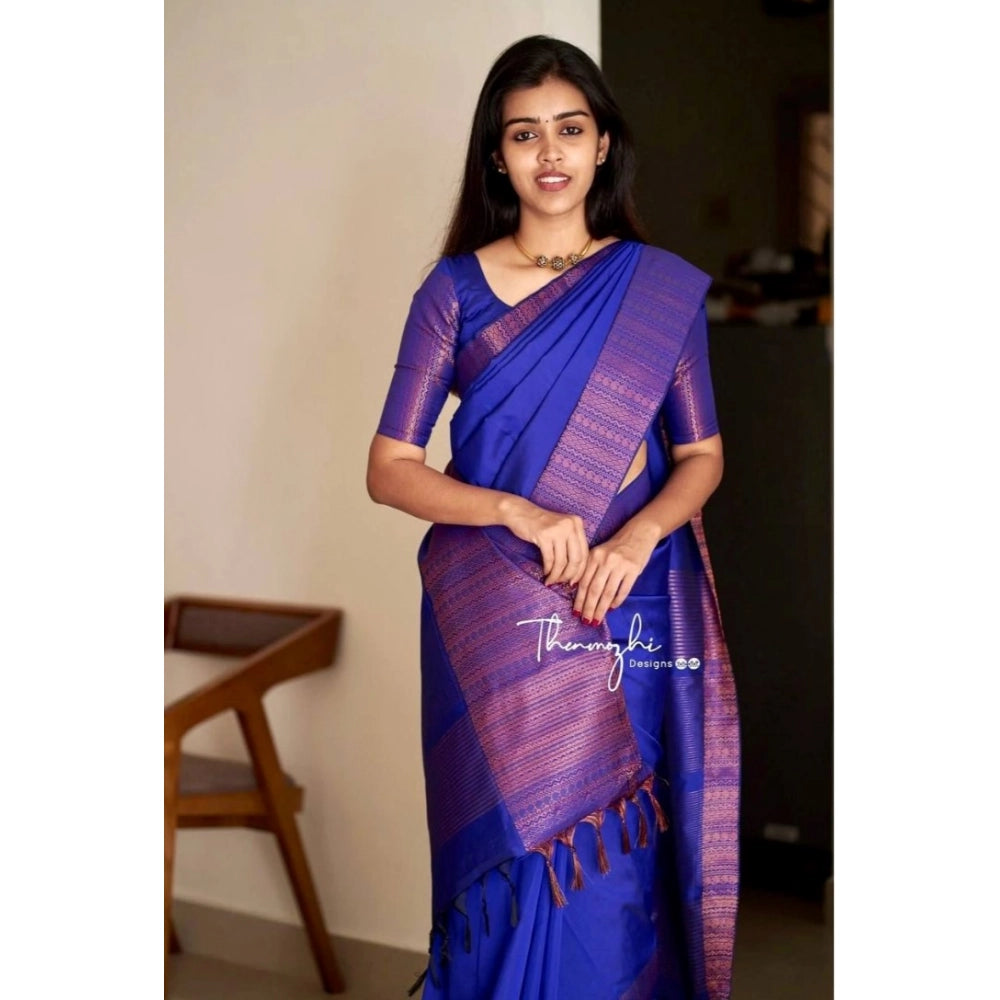 Vaystra Soft Lichi Silk Solid Saree With Unstitched Blouse 5.5Mtr – Blue