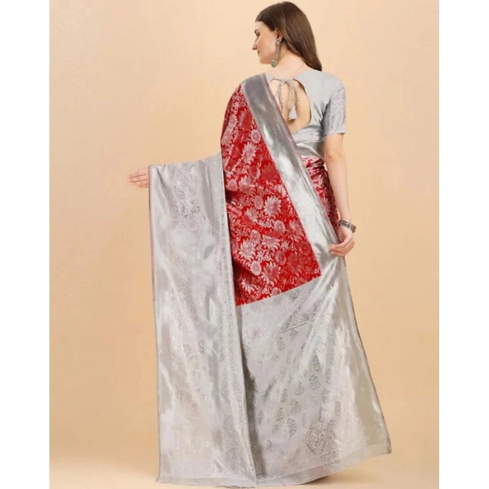 Vaystra Soft Lichi Silk Printed Saree With Unstitched Blouse 5.5Mtr – Red