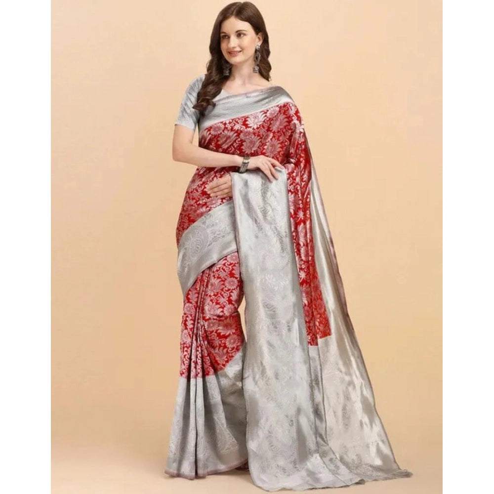Vaystra Soft Lichi Silk Printed Saree With Unstitched Blouse 5.5Mtr – Red