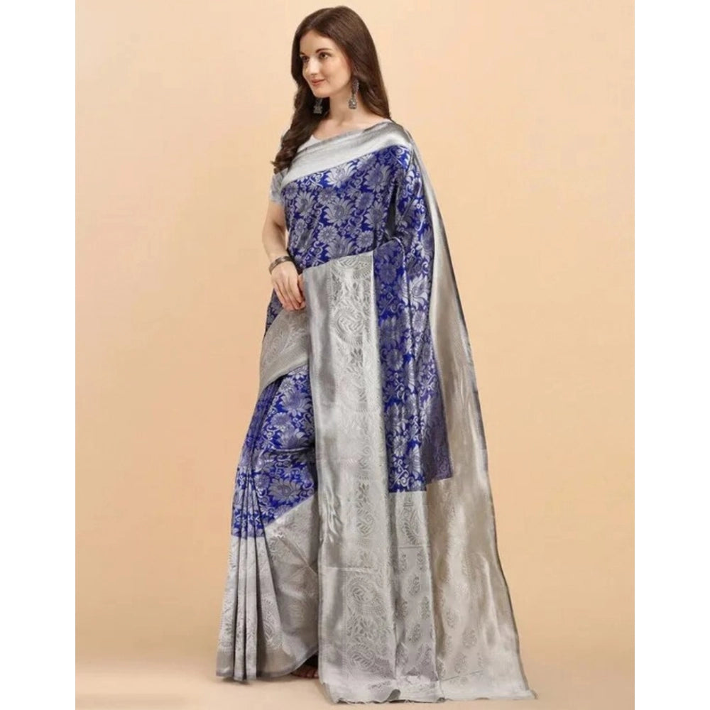 Vaystra Soft Lichi Silk Printed Saree With Unstitched Blouse 5.5Mtr – Blue