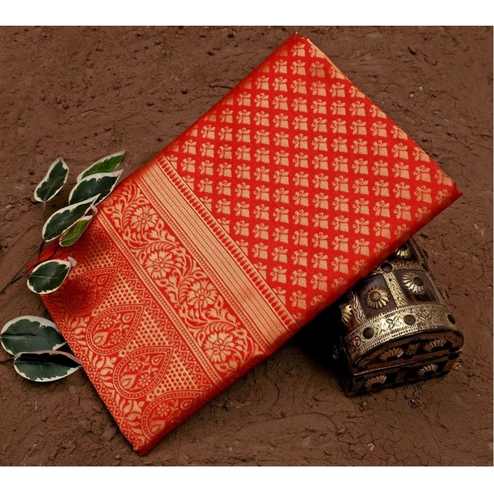 Vaystra Soft Lichi Silk Printed Saree With Unstitched Blouse 5.5Mtr – Red