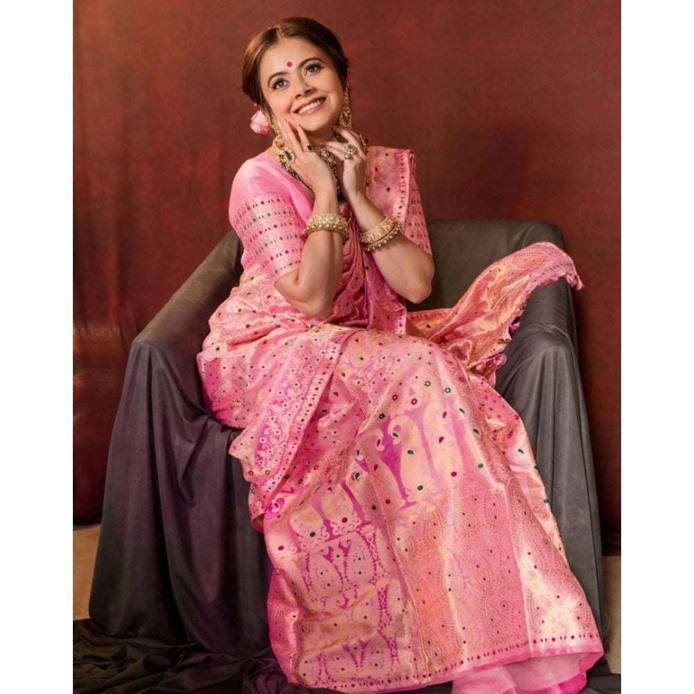 Vaystra Soft Lichi Silk Printed Saree With Unstitched Blouse 5.5Mtr – Pink