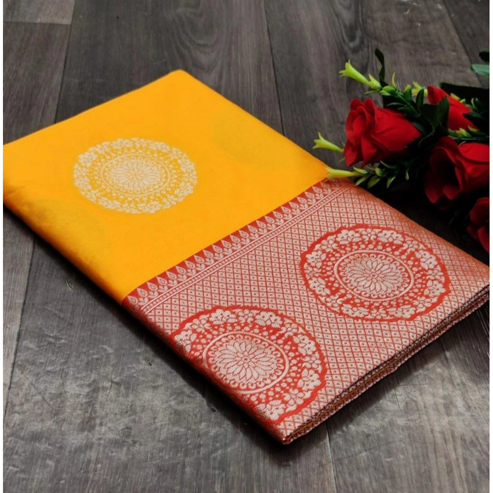 Vaystra Soft Lichi Silk Printed Saree With Unstitched Blouse 5.5Mtr – Yellow