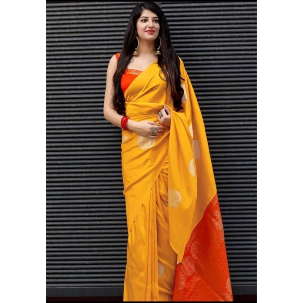 Vaystra Soft Lichi Silk Printed Saree With Unstitched Blouse 5.5Mtr – Yellow