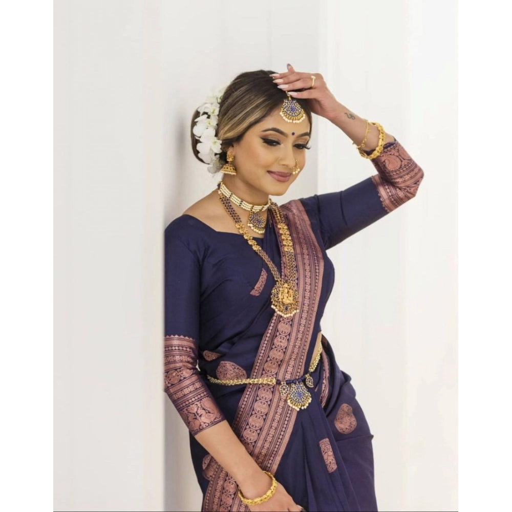 Vaystra Soft Lichi Silk Printed Saree With Unstitched Blouse 5.5Mtr – Navy Blue