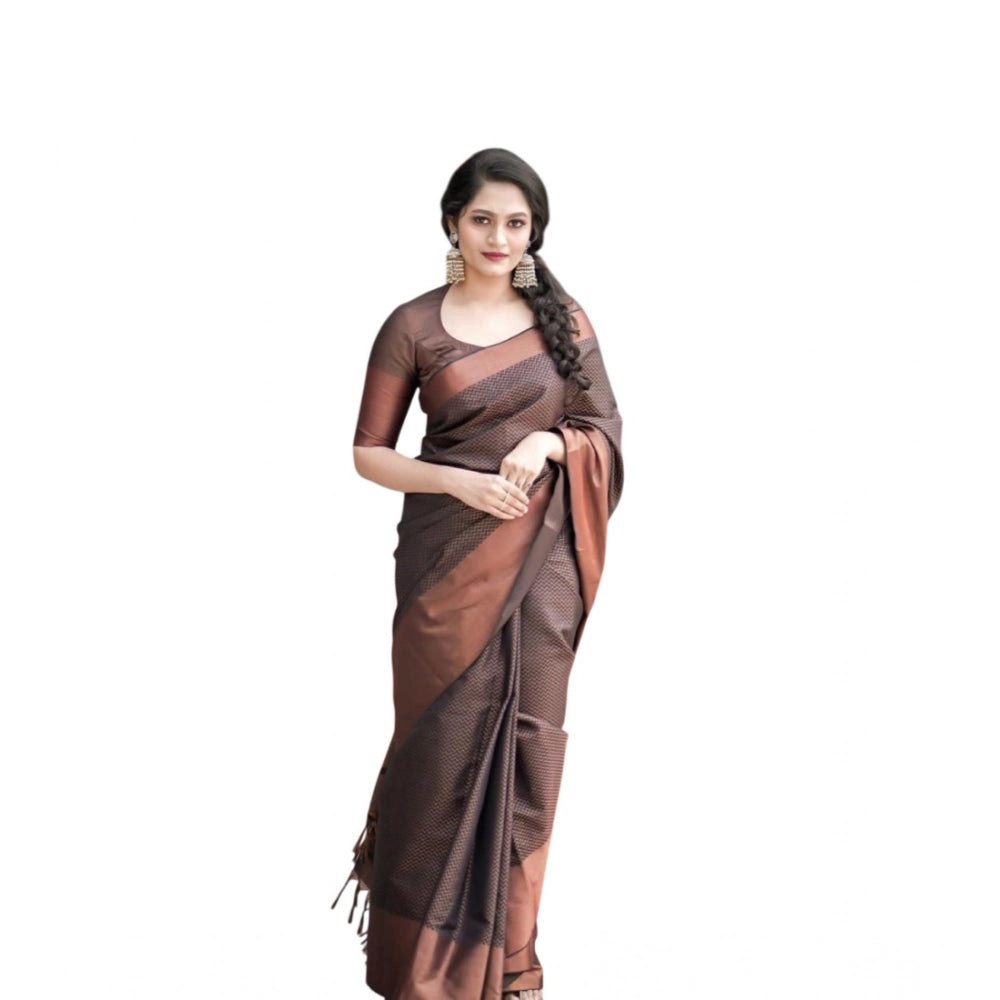 Vaystra Soft Lichi Silk Printed Saree With Unstitched Blouse 5.5Mtr – Brown