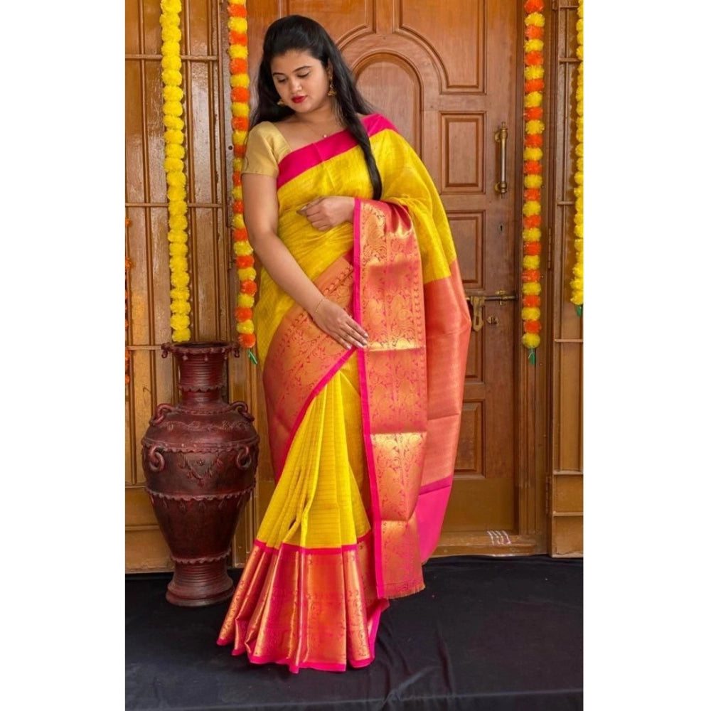 Vaystra Soft Lichi Silk Printed Saree With Unstitched Blouse 5.5Mtr – Yellow