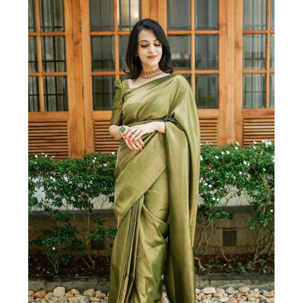 Vaystra Soft Lichi Silk Printed Saree With Unstitched Blouse 5.5Mtr – Green