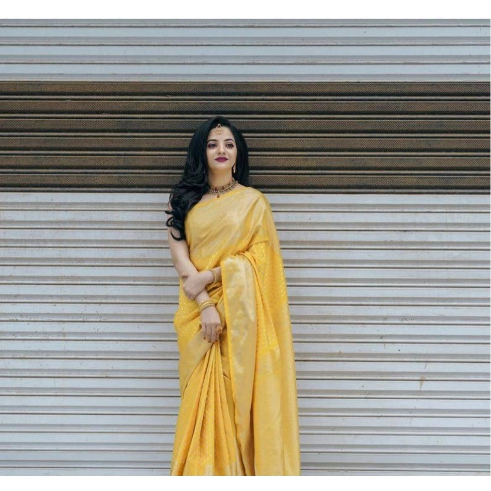 Vaystra Soft Lichi Silk Printed Saree With Unstitched Blouse 5.5Mtr – Yellow