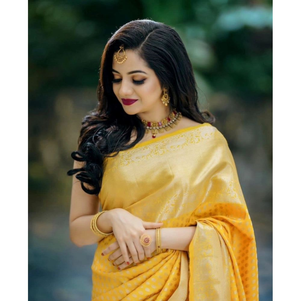 Vaystra Soft Lichi Silk Printed Saree With Unstitched Blouse 5.5Mtr – Yellow