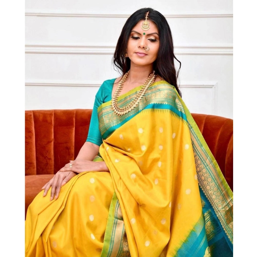 Vaystra Soft Lichi Silk Printed Saree With Unstitched Blouse 5.5Mtr – Yellow