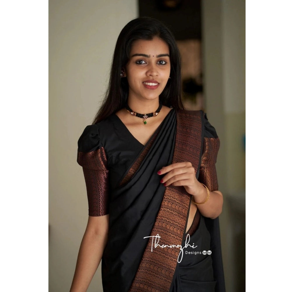 Vaystra Soft Lichi Silk Solid Saree With Unstitched Blouse 5.5Mtr – Black