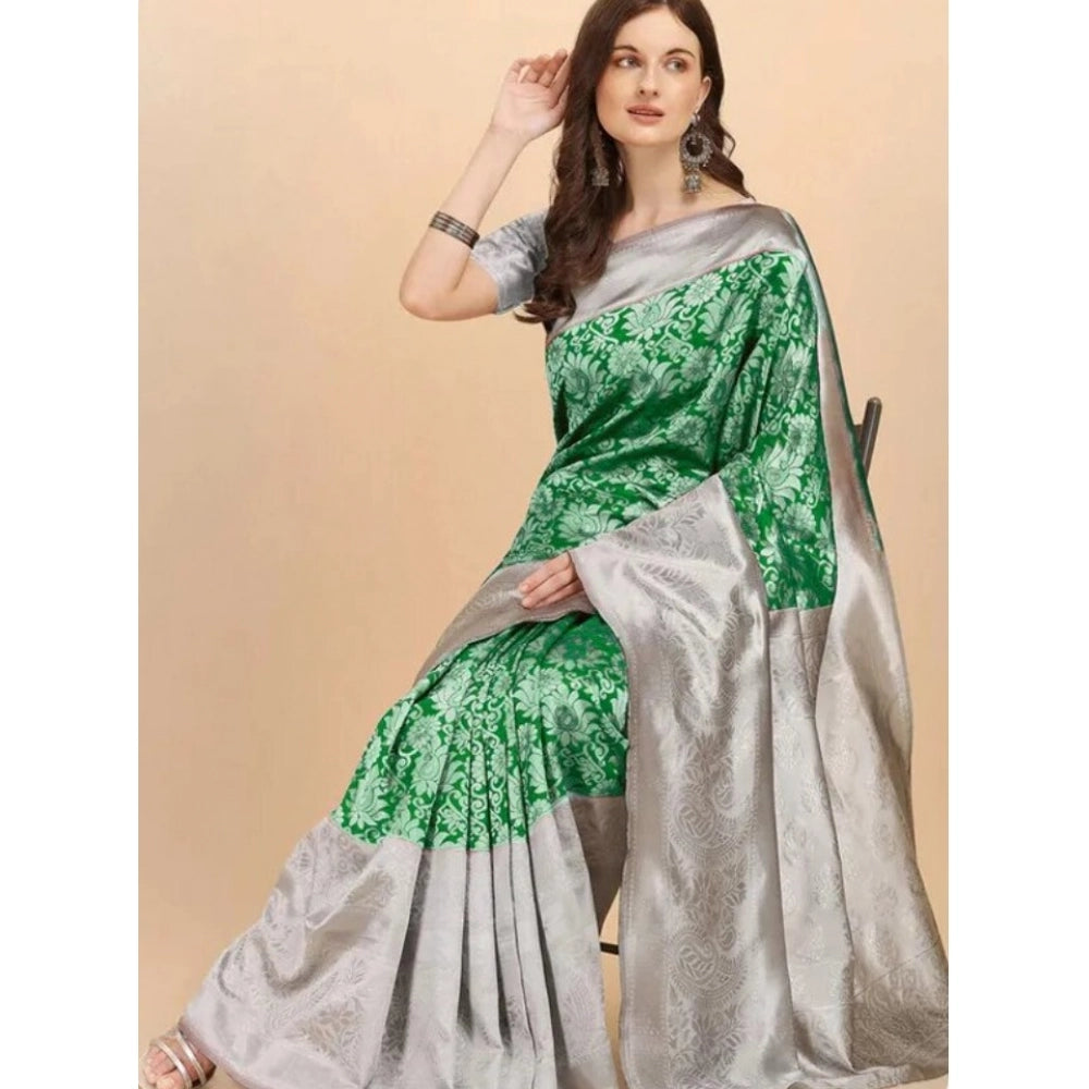 Vaystra Soft Lichi Silk Printed Saree With Unstitched Blouse 5.5Mtr – Green