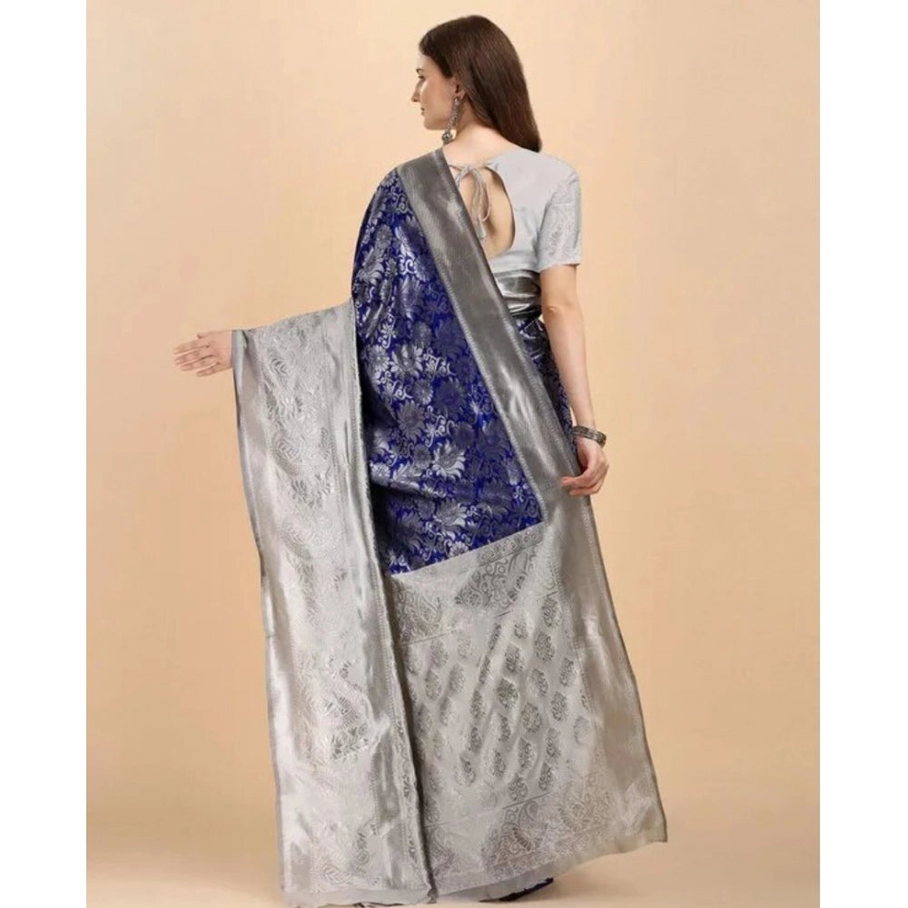 Vaystra Soft Lichi Silk Printed Saree With Unstitched Blouse 5.5Mtr – Blue