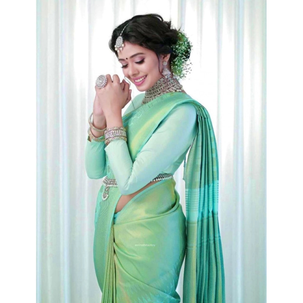 Vaystra Soft Lichi Silk Printed Saree With Unstitched Blouse 5.5Mtr – Light Green
