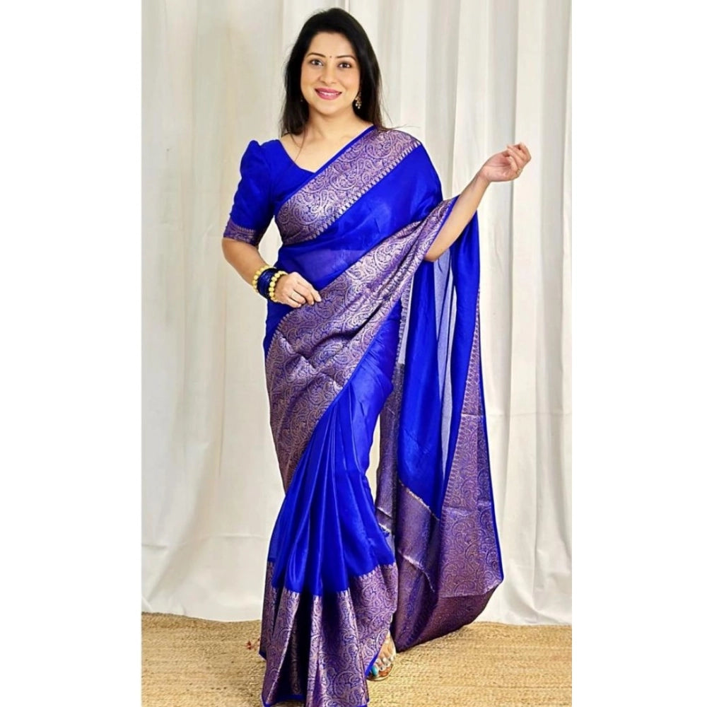 Vaystra Soft Lichi Silk Solid Saree With Unstitched Blouse 5.5Mtr – Blue